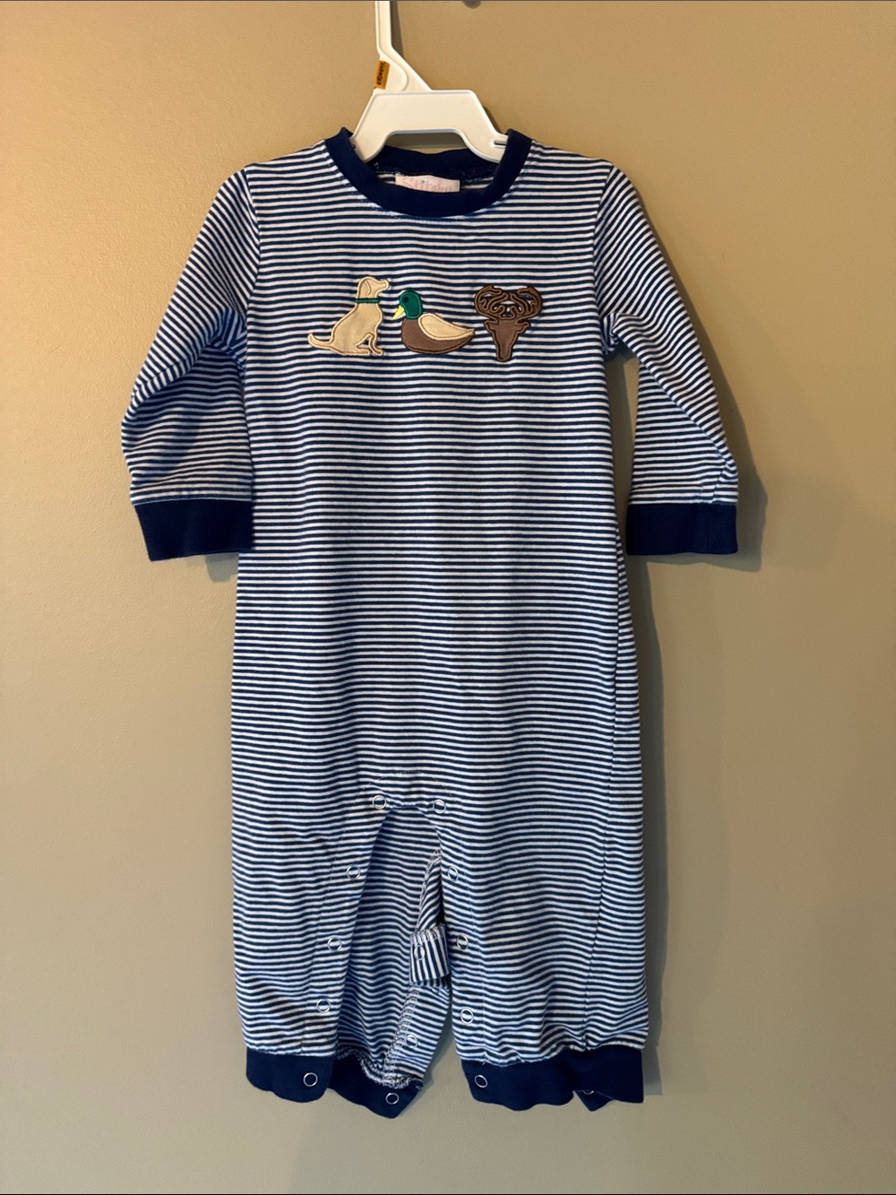 Stitchy Fish Striped Navy & White Kids One-Piece with Animal Applique